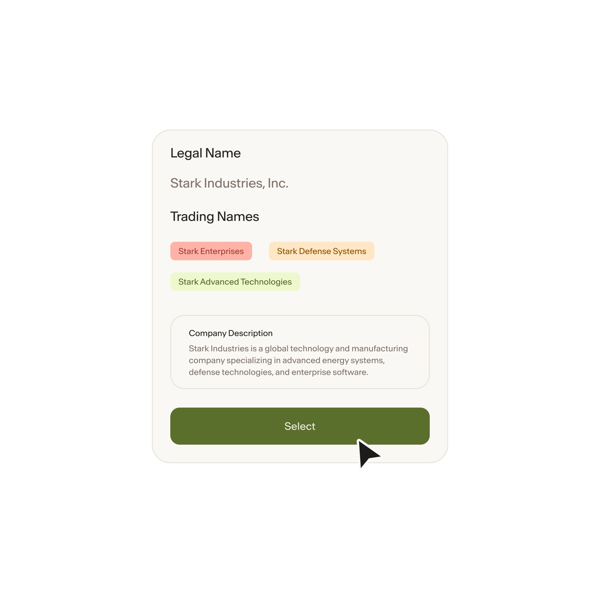 Company profile card showing legal name Stark Industries, Inc., trading names Stark Enterprises, Stark Defense Systems, Stark Advanced Technologies, and a green Select button with cursor pointer.