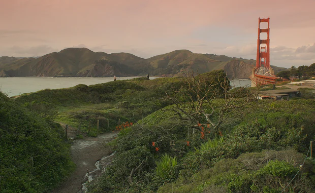 Scenic view of the Golden Gate Bridge at sunset with green bushes and a winding path in the foreground and hills in the background.