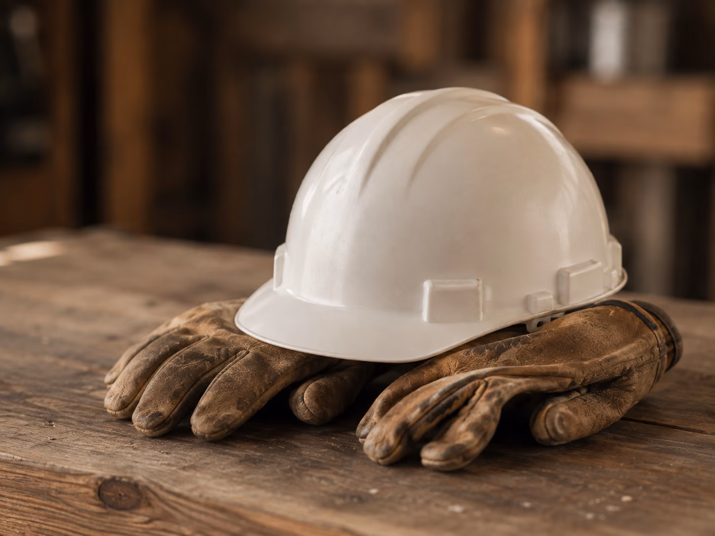 White construction hard hat resting on a pair of worn brown leather work gloves on a wooden surface.