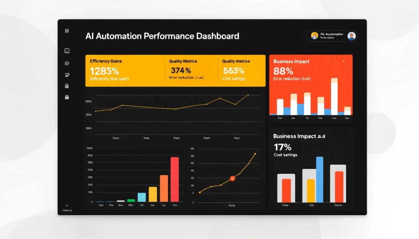 The image depicts a KPI dashboard showcasing key performance indicators related to efficiency gains, quality metrics, and the business impact of AI automation. It highlights actionable insights for marketing professionals, emphasizing the role of AI tools in optimizing marketing campaigns and enhancing data-driven decision-making.