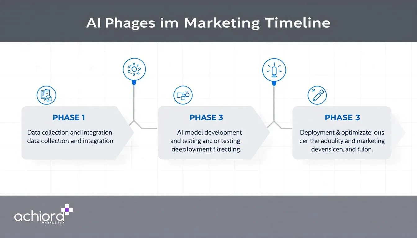 The image depicts an implementation timeline illustrating three phases of AI marketing automation deployment, showcasing the strategic steps marketing teams take to leverage AI tools for optimizing campaigns and enhancing customer interactions. This visual emphasizes the importance of data-driven decision making and the integration of AI algorithms in refining marketing strategies for multiple clients.