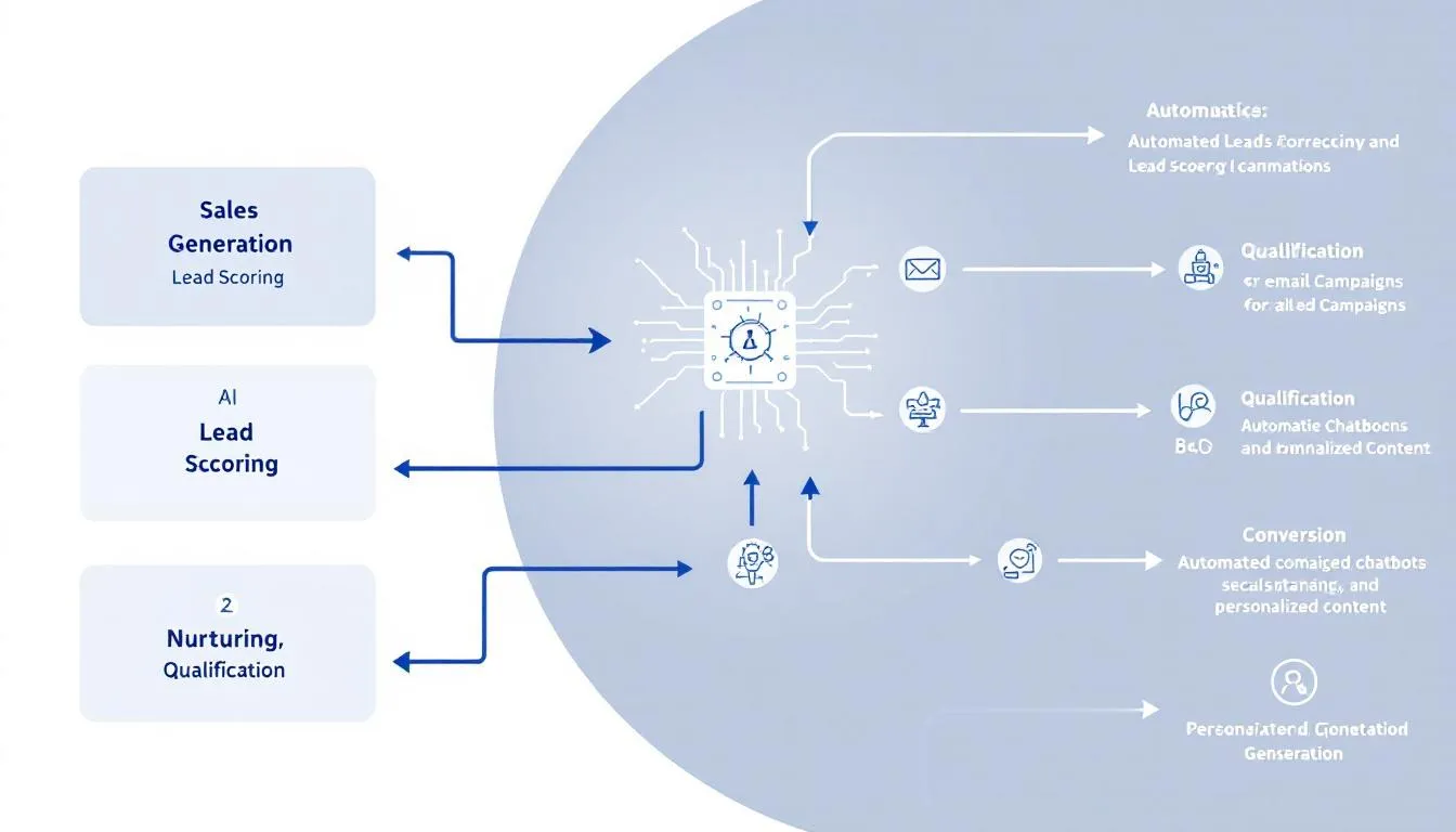 The image depicts a sales funnel diagram that illustrates AI-powered lead scoring and automated nurturing paths, highlighting how marketing teams can optimize campaigns and enhance customer interactions through data-driven decision making. This visual representation emphasizes the role of artificial intelligence in marketing strategy and the efficiency of marketing automation tools in managing multiple clients.