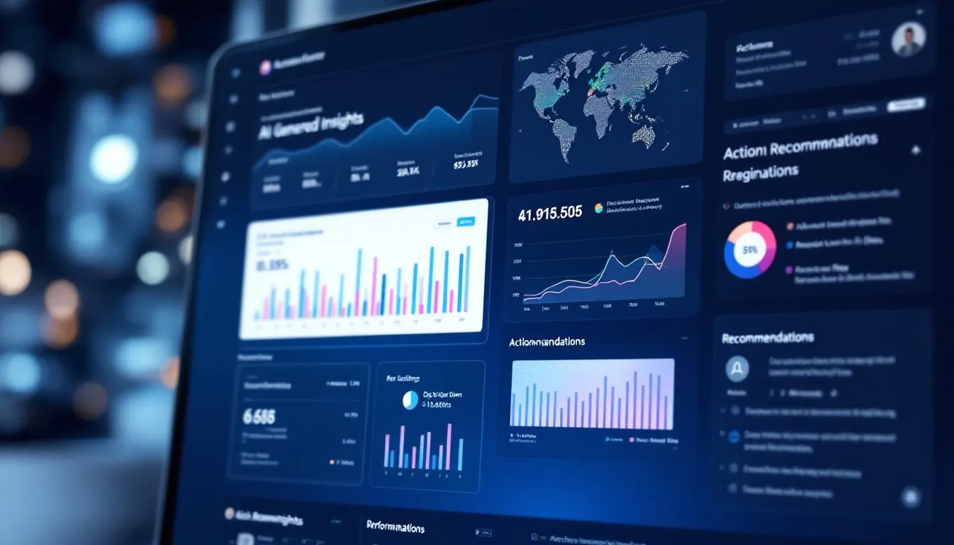 The image depicts an analytics dashboard showcasing AI-generated insights and performance recommendations tailored for marketing professionals. It highlights actionable insights derived from data analysis, aimed at optimizing marketing campaigns and enhancing strategy efficiency for marketing teams and agencies.