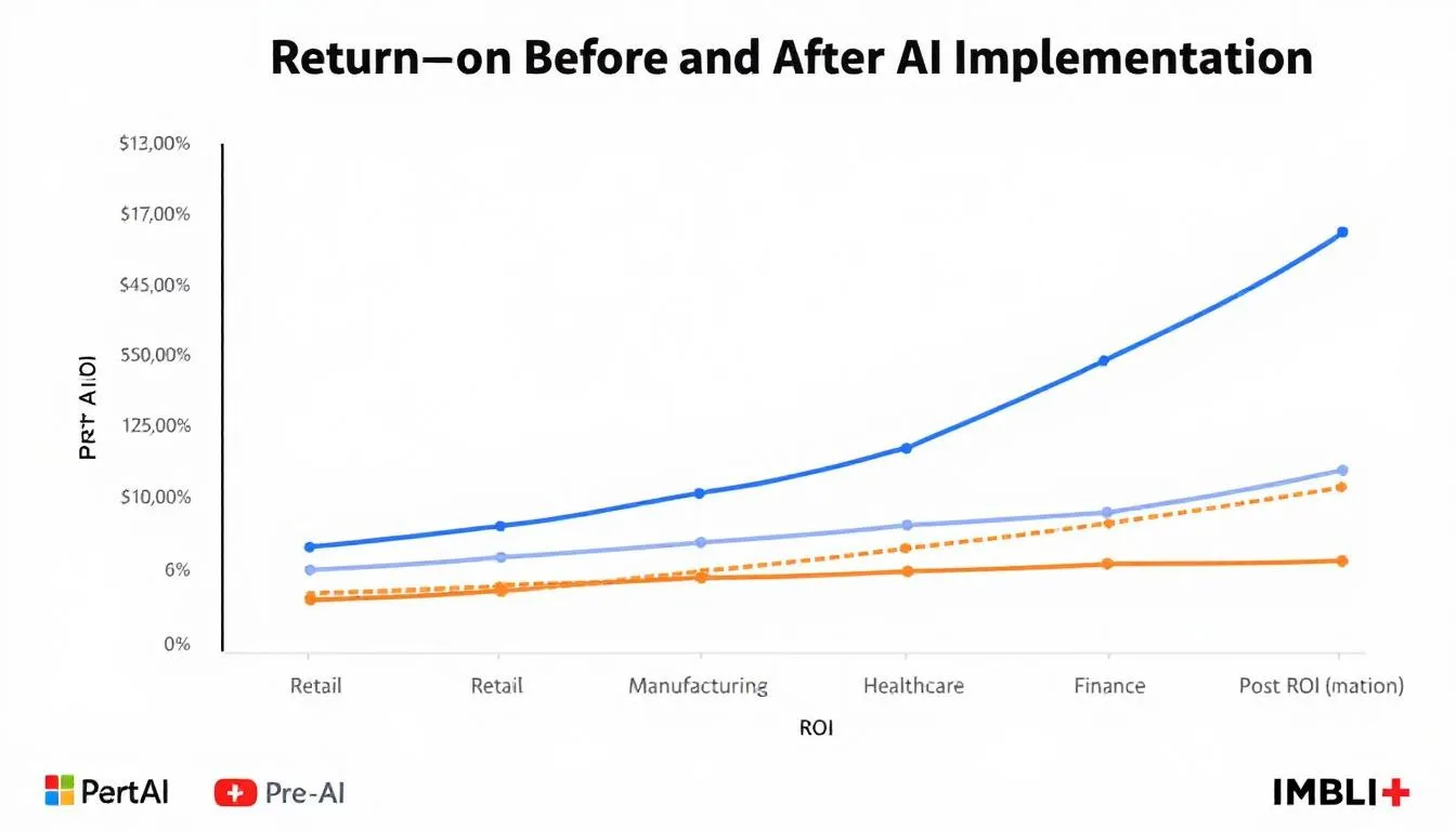The image depicts a ROI comparison chart illustrating the performance of various business types before and after the implementation of AI tools in their marketing strategies. This visual highlights the significant improvements in marketing efforts and strategy efficiency achieved through AI-powered marketing and data-driven decision making.