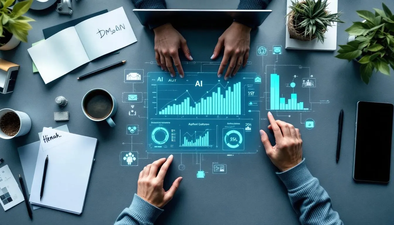 The image depicts a customer journey map illustrating the balance between AI automation and human touchpoints in marketing efforts. It highlights how marketing professionals, leveraging AI tools and strategies, can optimize campaigns while maintaining essential human creativity to enhance customer interactions and drive growth.