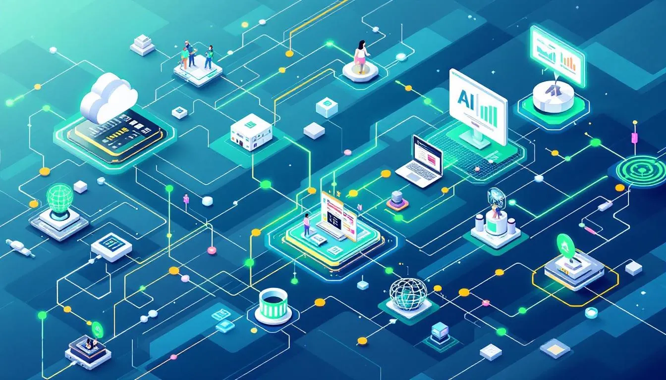 The image illustrates an AI automation workflow, depicting data flowing seamlessly through machine learning algorithms to various marketing channels. This visual representation highlights how marketing teams can leverage AI tools to optimize campaigns, enhance customer interactions, and drive growth through data-driven decision making.