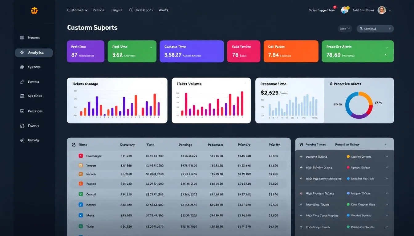 The image displays a customer service dashboard featuring analytics and proactive alerts designed to enhance customer interactions and improve customer satisfaction. It showcases customer data trends, support ticket volumes, and insights for support teams to address customer queries effectively and reduce customer service costs.