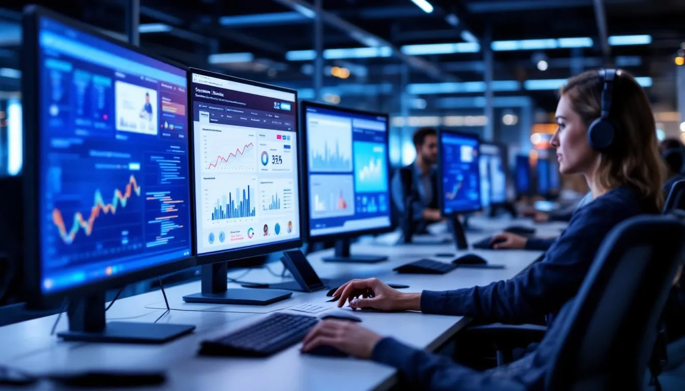 The image depicts a modern office workspace filled with multiple computer screens displaying customer service software interfaces and analytics dashboards, highlighting tools for analyzing customer data and improving customer satisfaction. This setup is designed to enhance customer service operations, streamline support processes, and empower support teams to efficiently address customer queries and feedback.