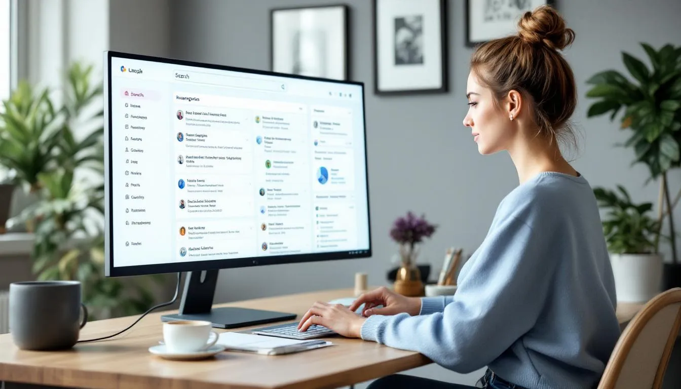 A person is using a laptop to view a well-designed knowledge base interface, which features a search functionality to enhance customer support. This interface aims to improve customer satisfaction by streamlining support processes and addressing customer queries efficiently.