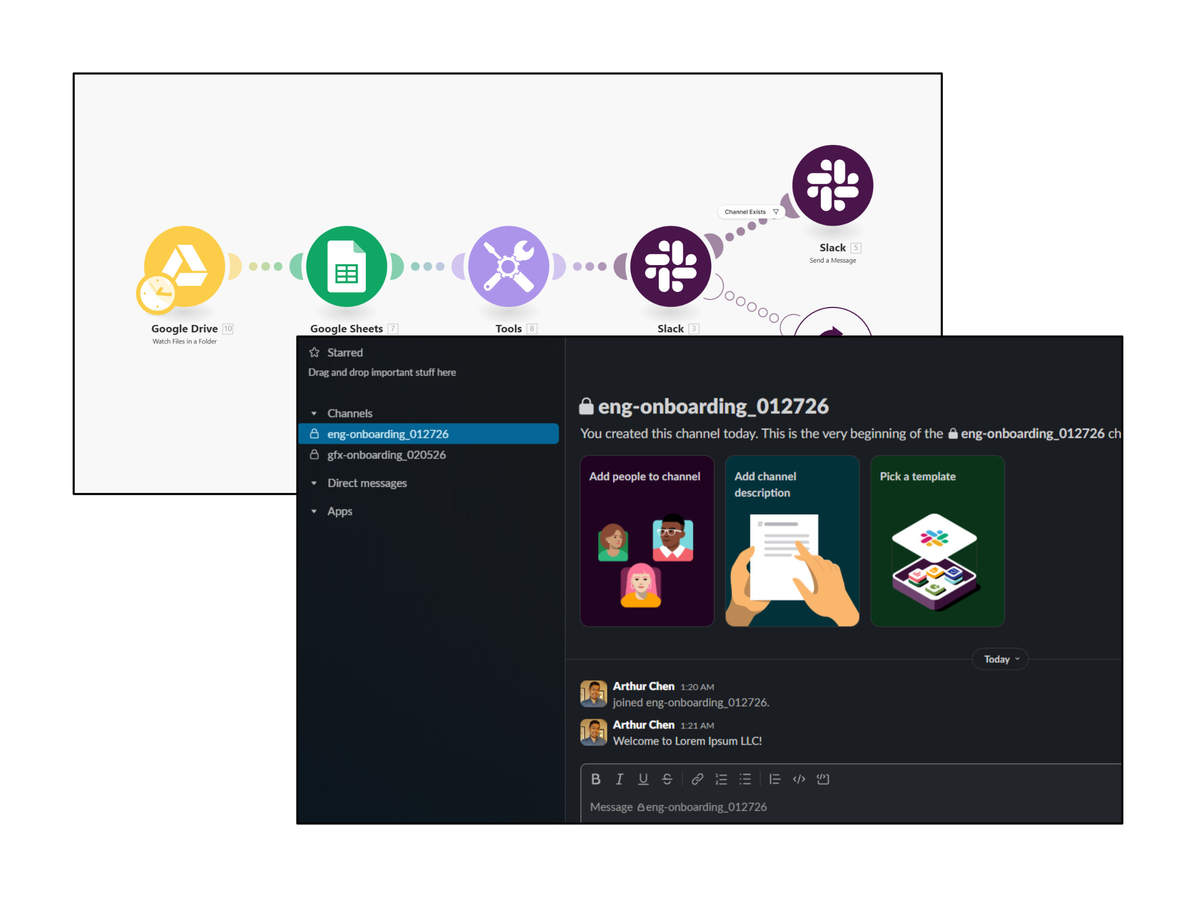 Diagram showing integration flow from Google Drive to Slack and a Slack interface with eng-onboarding_012726 channel selected and onboarding messages.