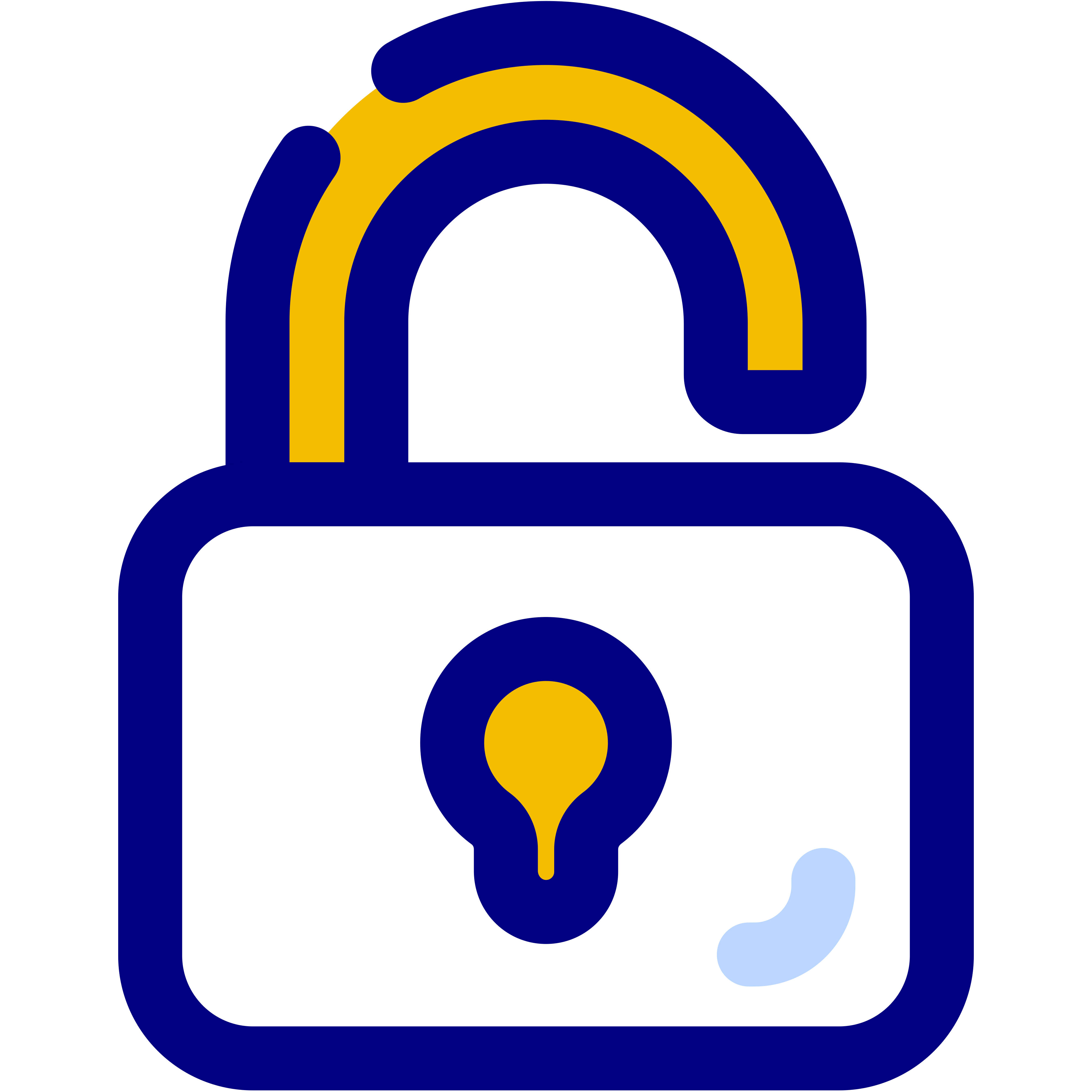 Stylized open padlock icon in white, yellow, and dark blue colors on a transparent background.