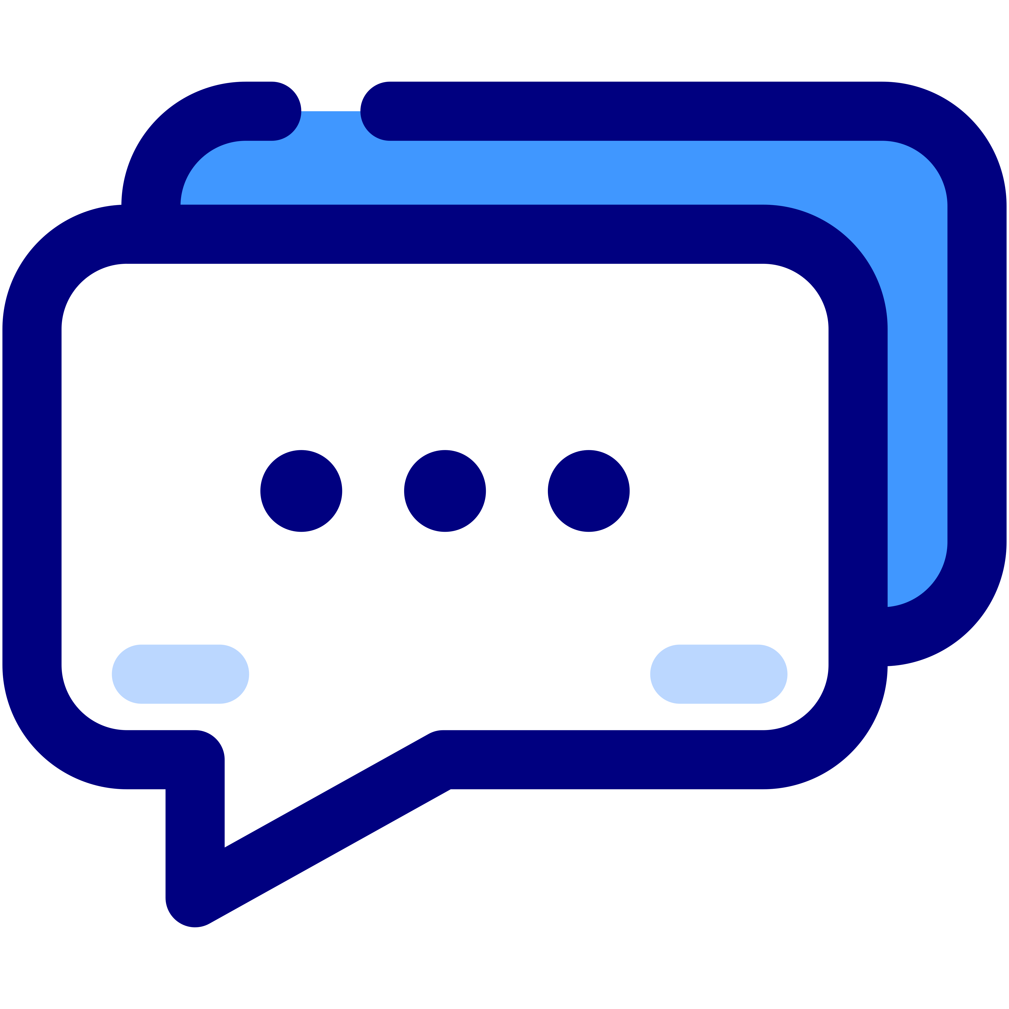 Icon of two overlapping chat bubbles, one white in front and one blue behind, with three dark blue dots in the white bubble.