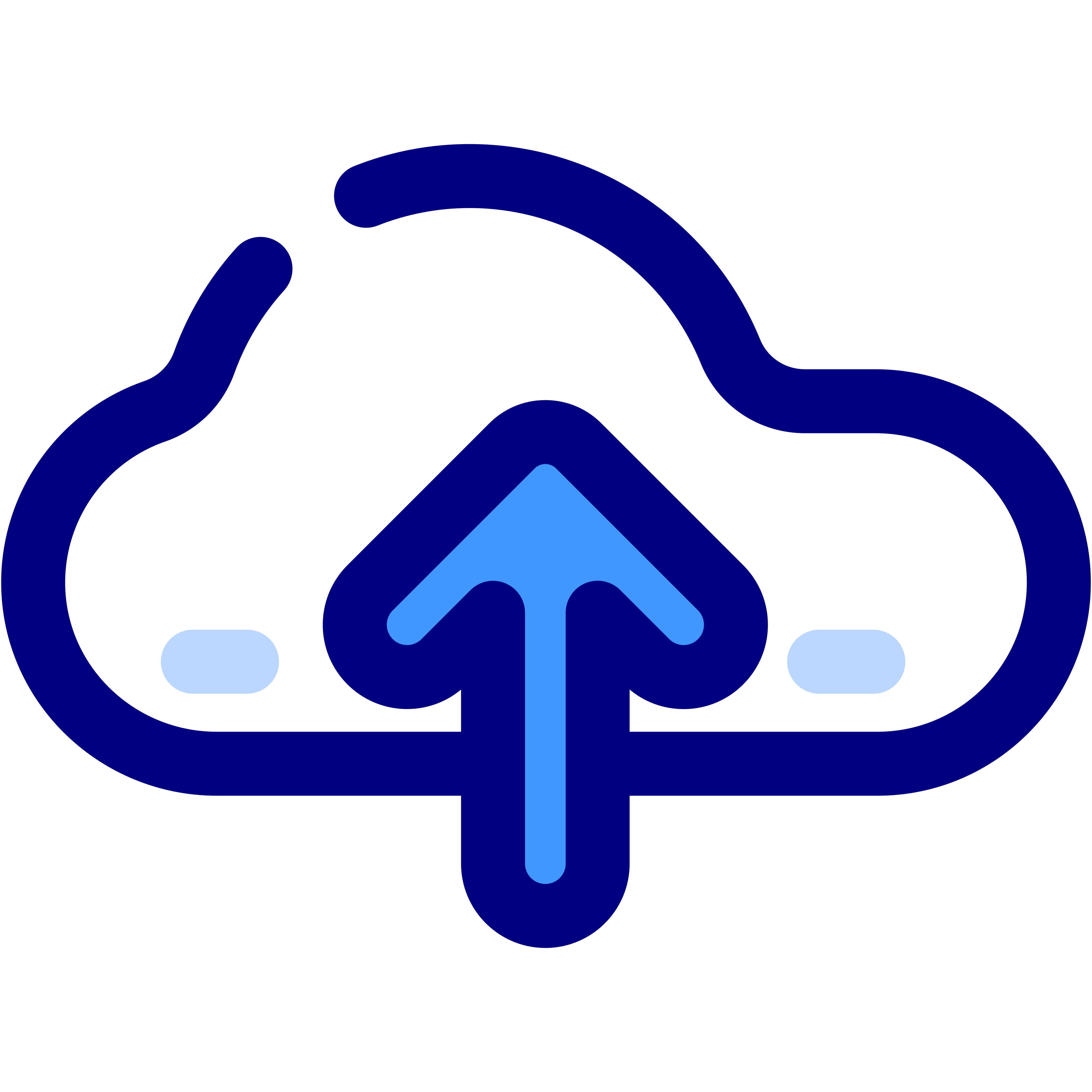 Blue upward arrow inside a white cloud outline representing information handoff.