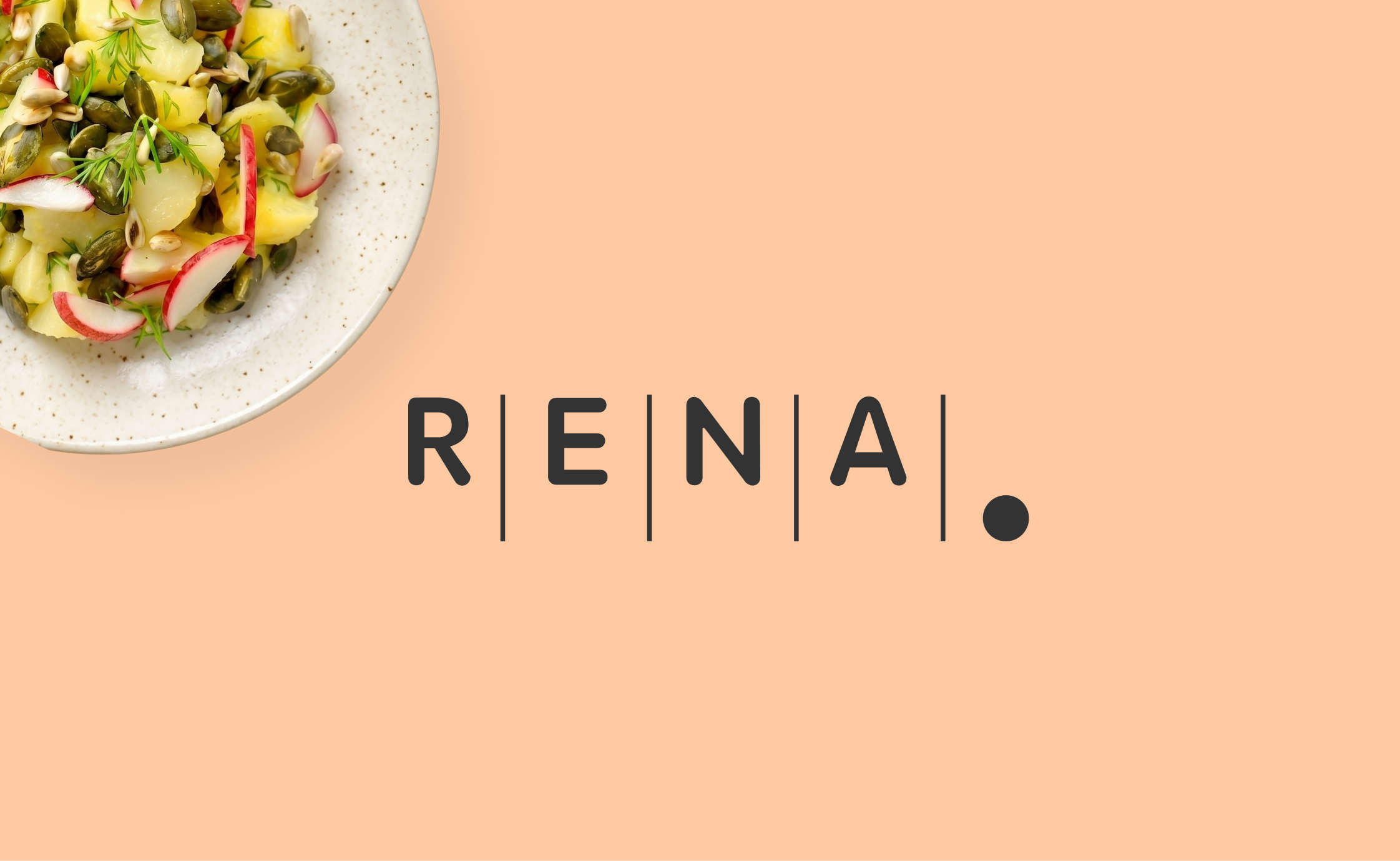 RENA Technologies GmbH Logo auf hellem Untergrund mit einem Bild eines Kartoffelsalats in der oberen linken Ecke