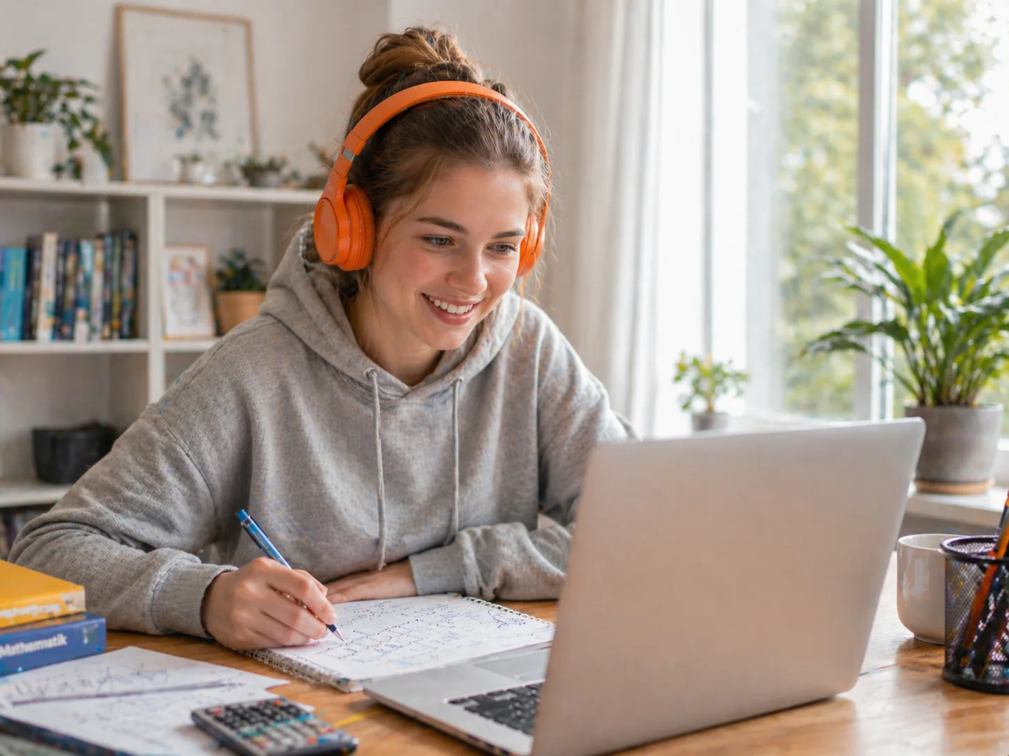 Schülerin zeigt ihrer Mutter, wie effektive Online-Mathenachhilfe funktioniert.