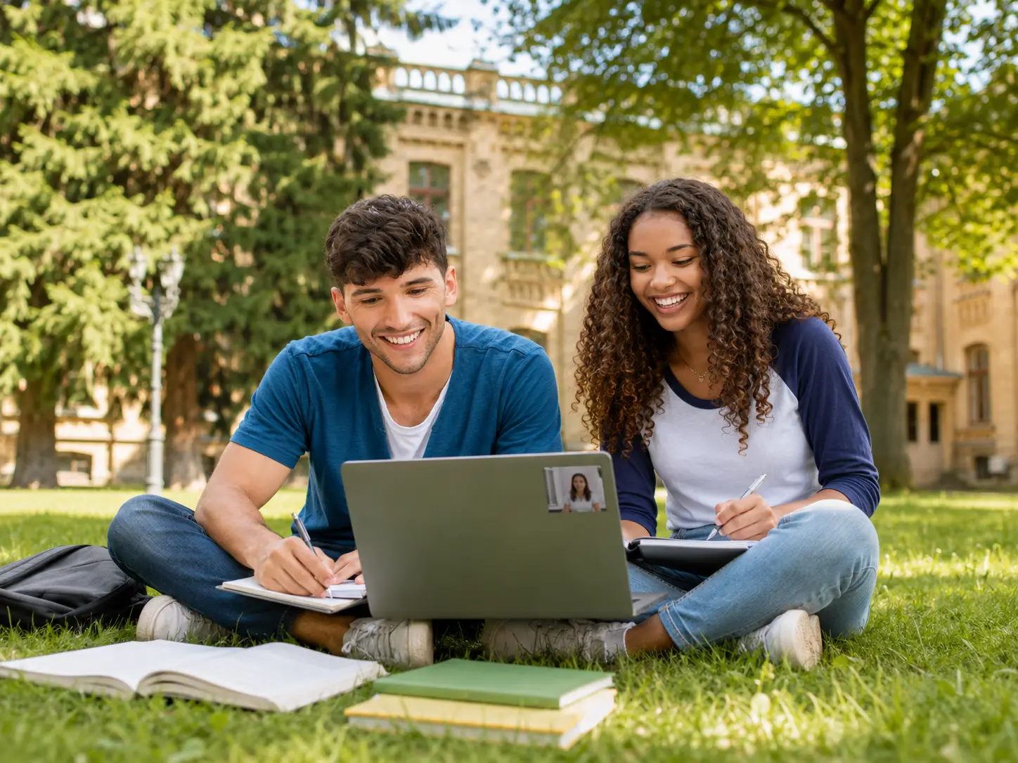 Zwei Studenten lernen im Park online ĂŒber Laptop