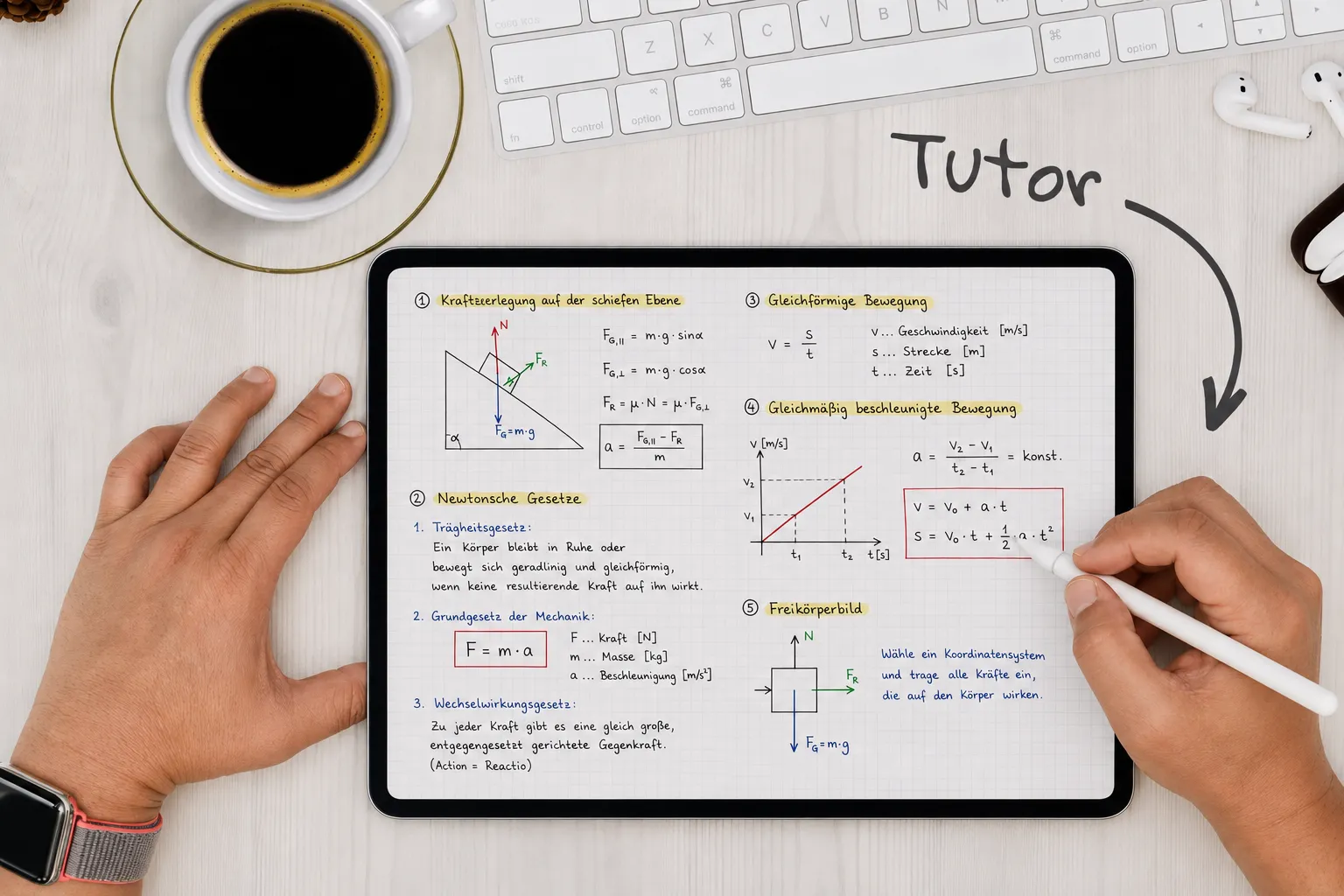 Tutor schreibt Physik-Diagramme und Formeln auf einem Tablet.
