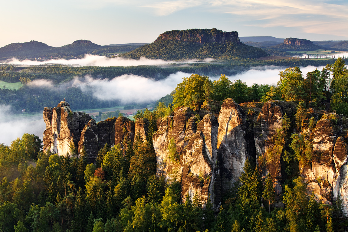 Panoramic view of Saxon Switzerland with morning mist