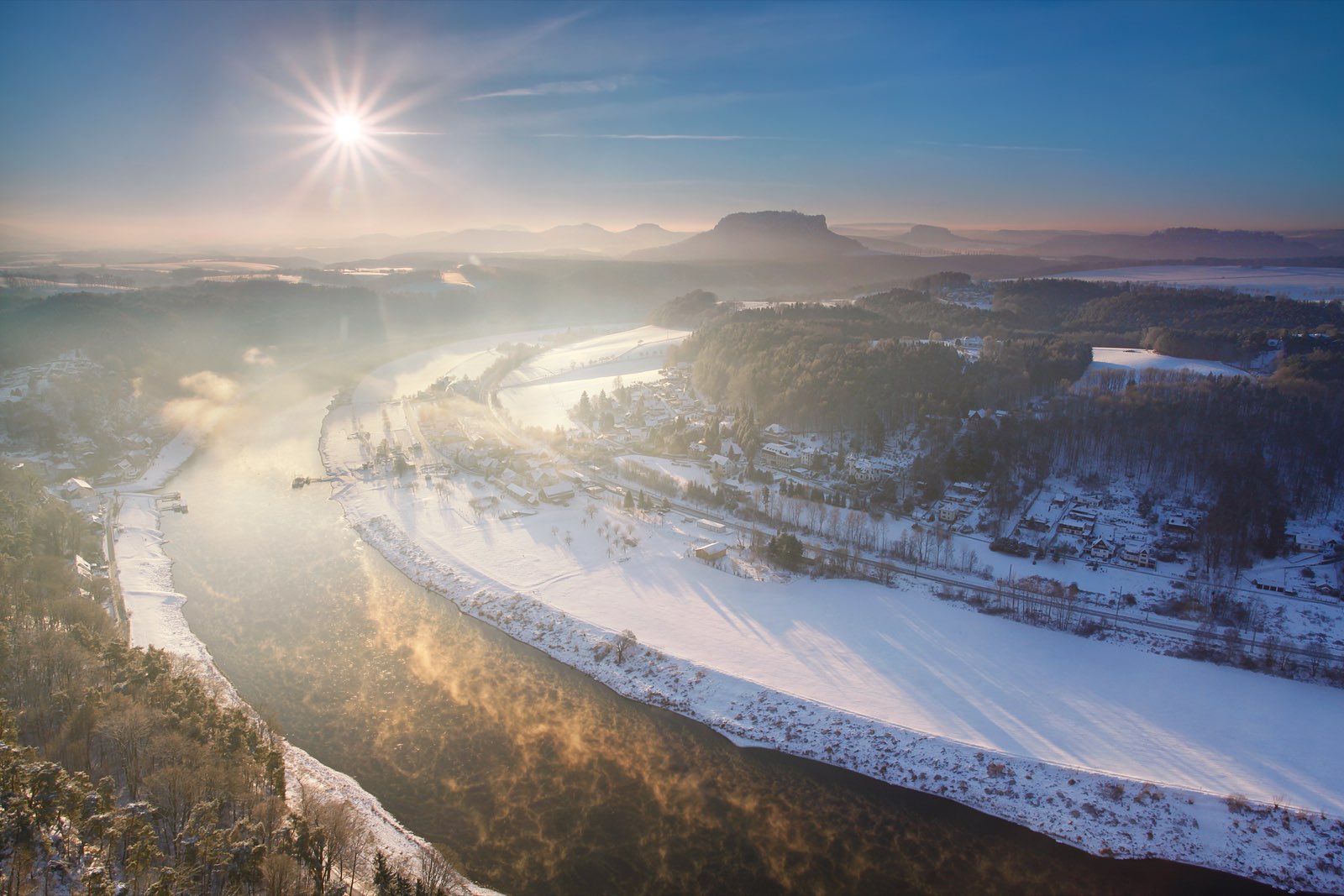 Winter view over the Elbe Canyon from Bastei in Saxon Switzerland.