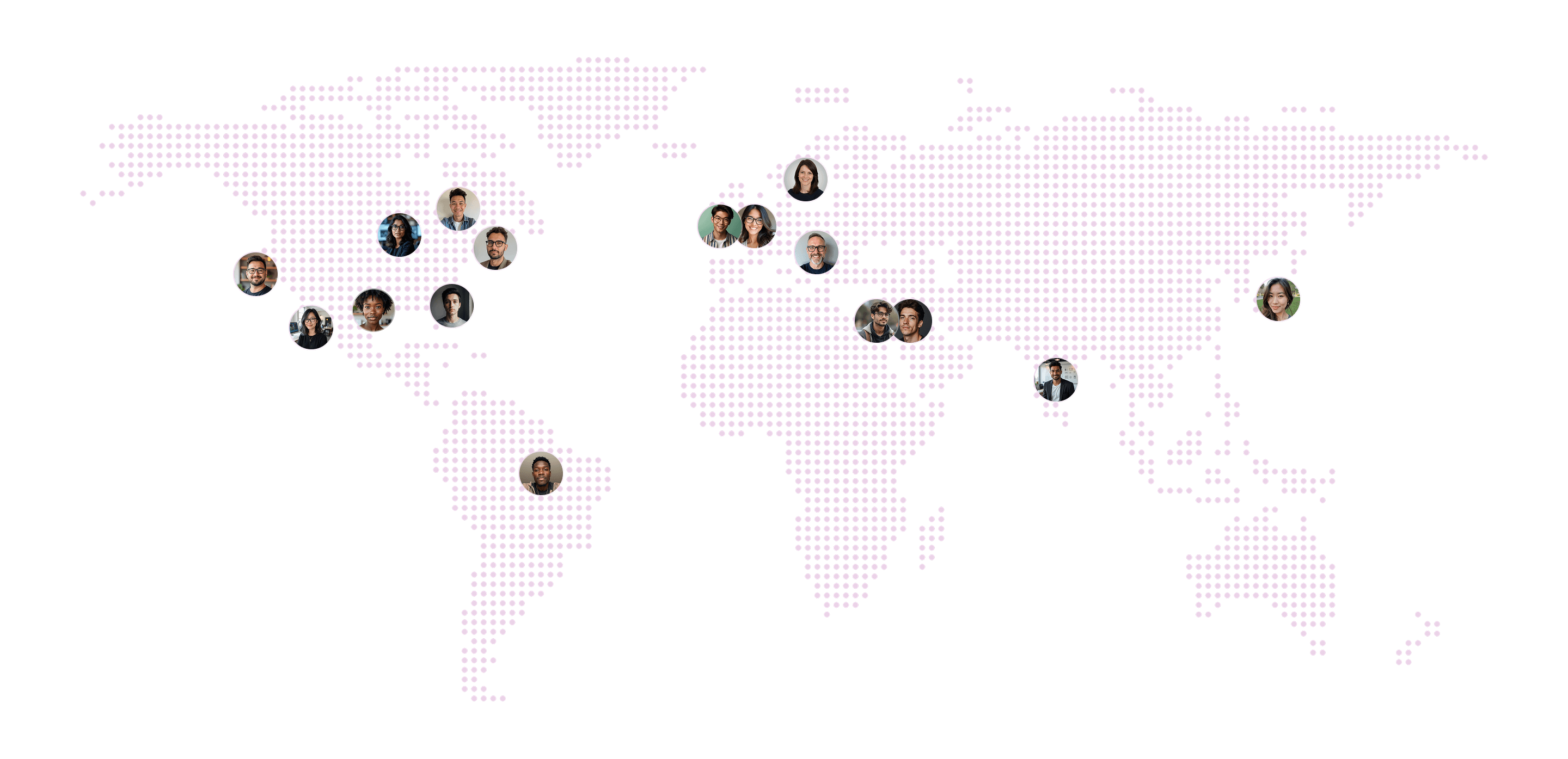 World map composed of pink dots with location markers featuring diverse individual portraits across North America, South America, Europe, Asia, and Australia.