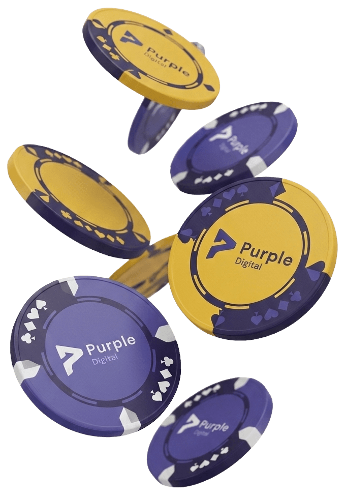 Floating blue and yellow poker chips with Purple Digital logo and card suit symbols.