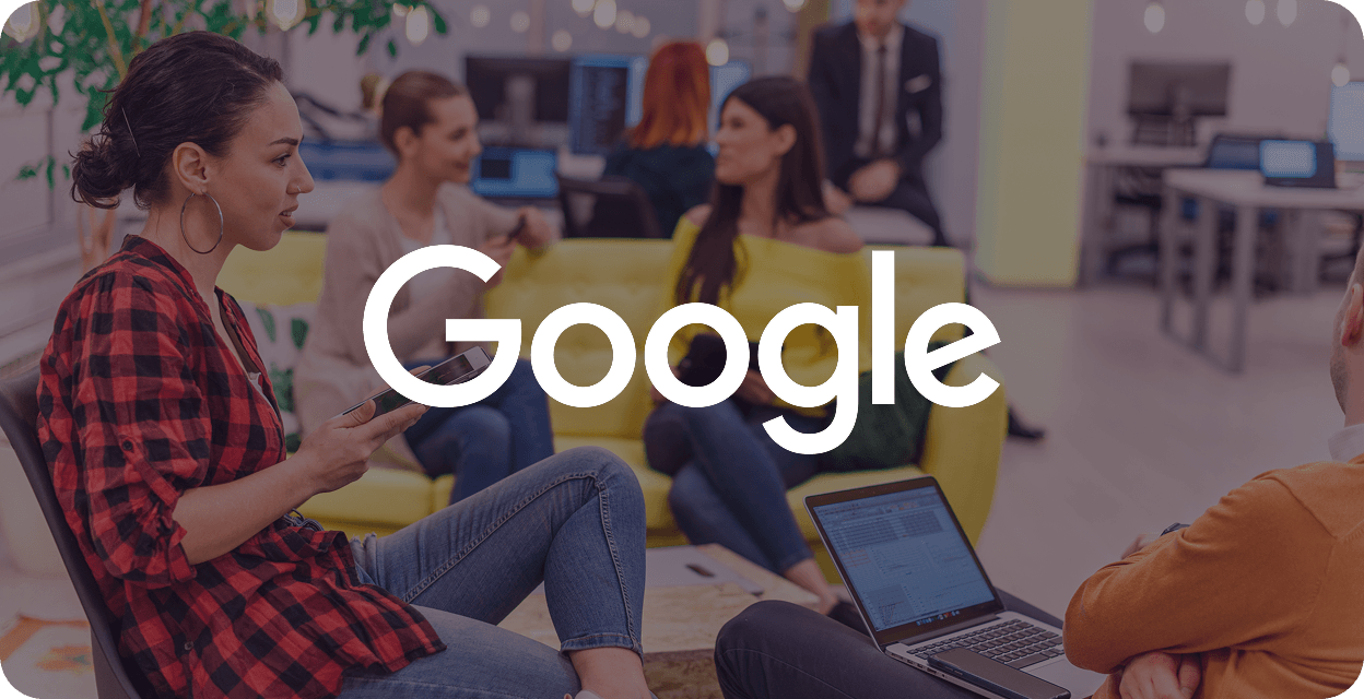 Group of people in casual office setting, one woman using smartphone and another man with laptop, with Google logo overlay.
