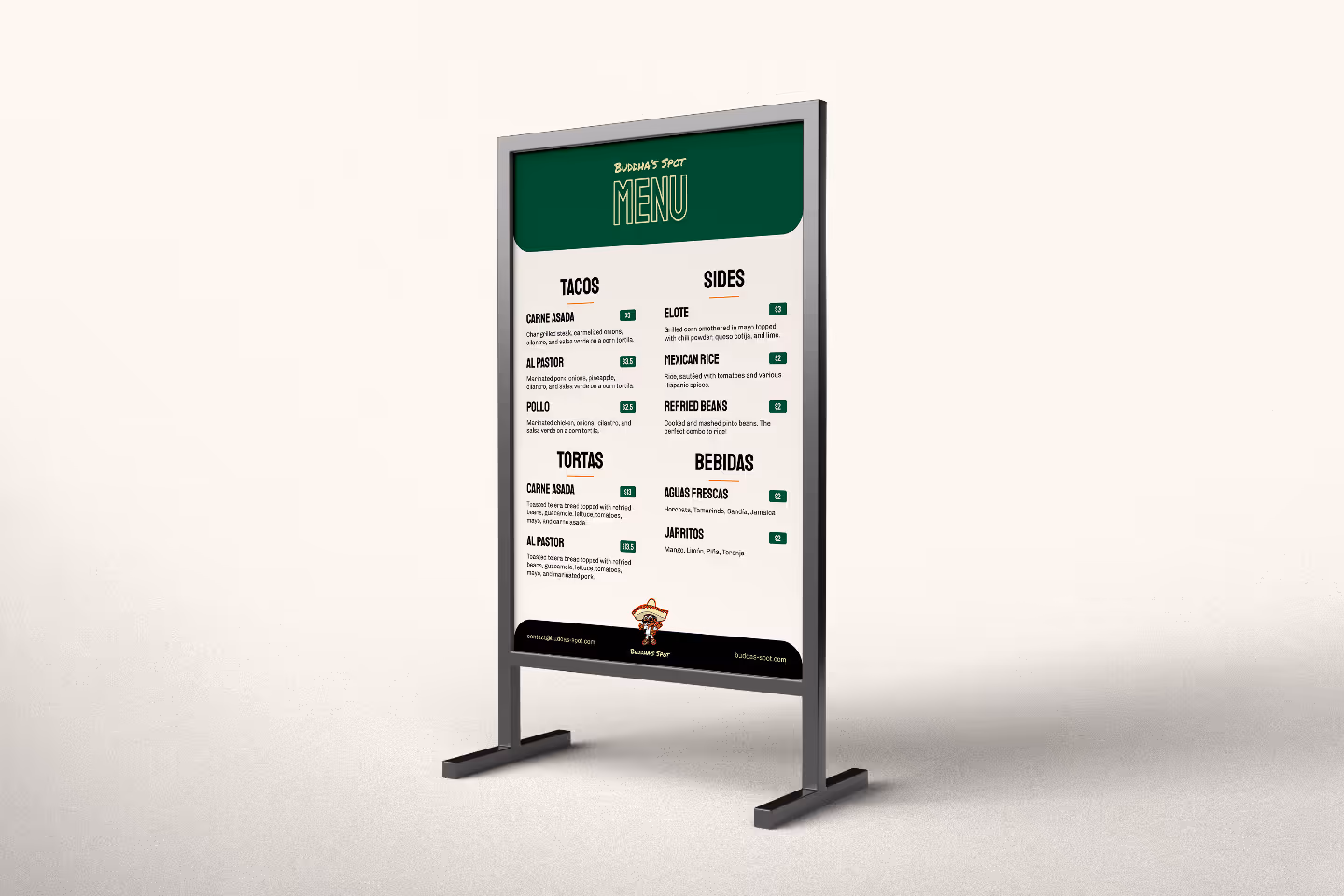 Buddha's Spot menu on large display stand
