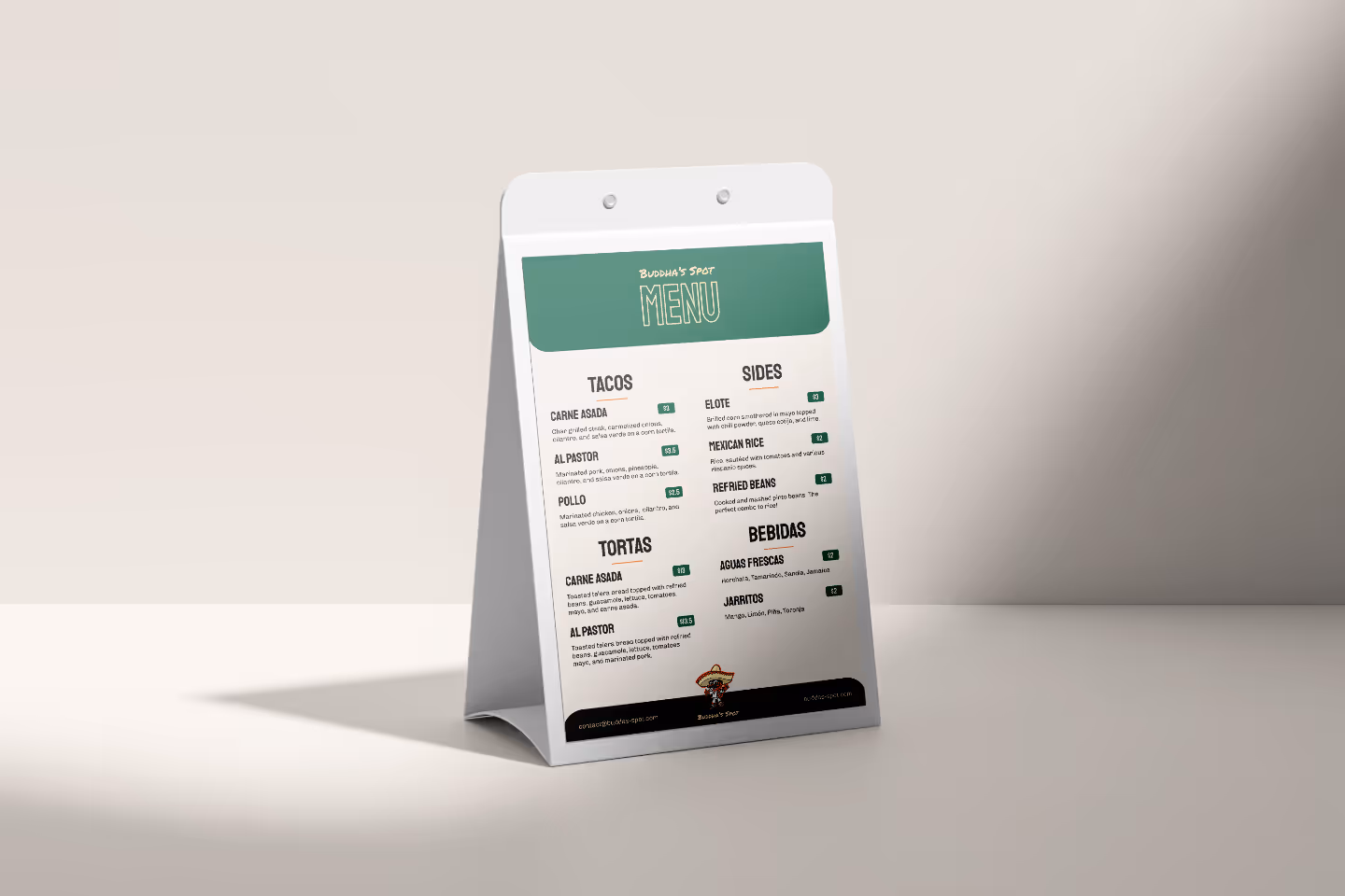 Buddha's Spot menu on small pop up menu