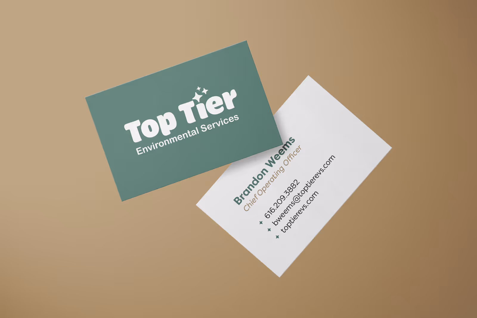 Top Tier Environmental floating business card mockup showcasing front and backside of business cards