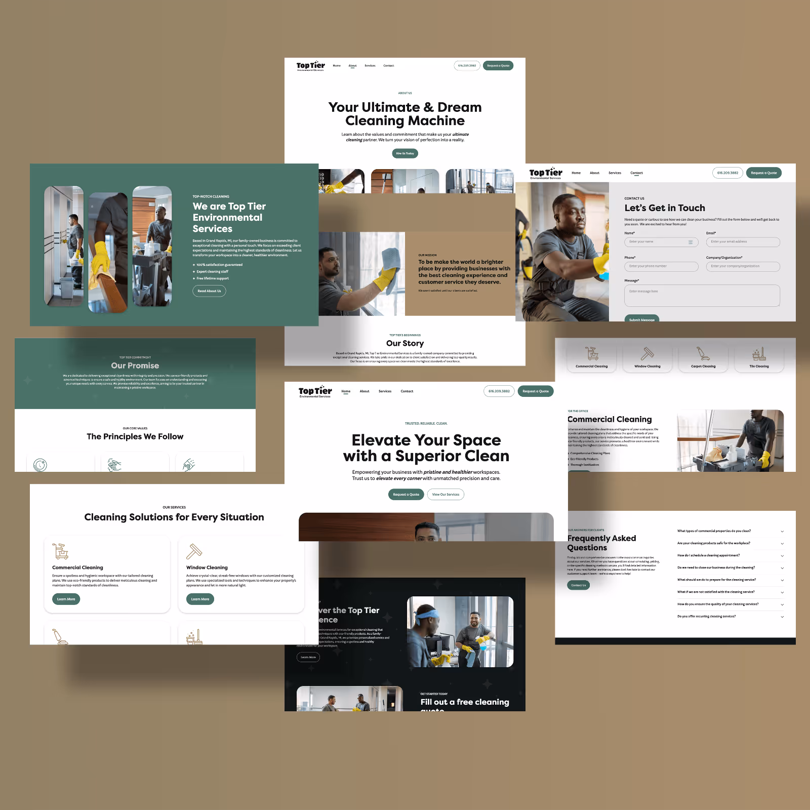 Top Tier Environmental screens mockup showcasing different sections of website