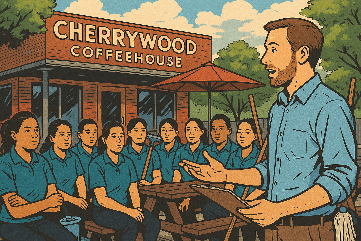 Mike interviewing and getting ready with cleaners at their favorite coffee spot.