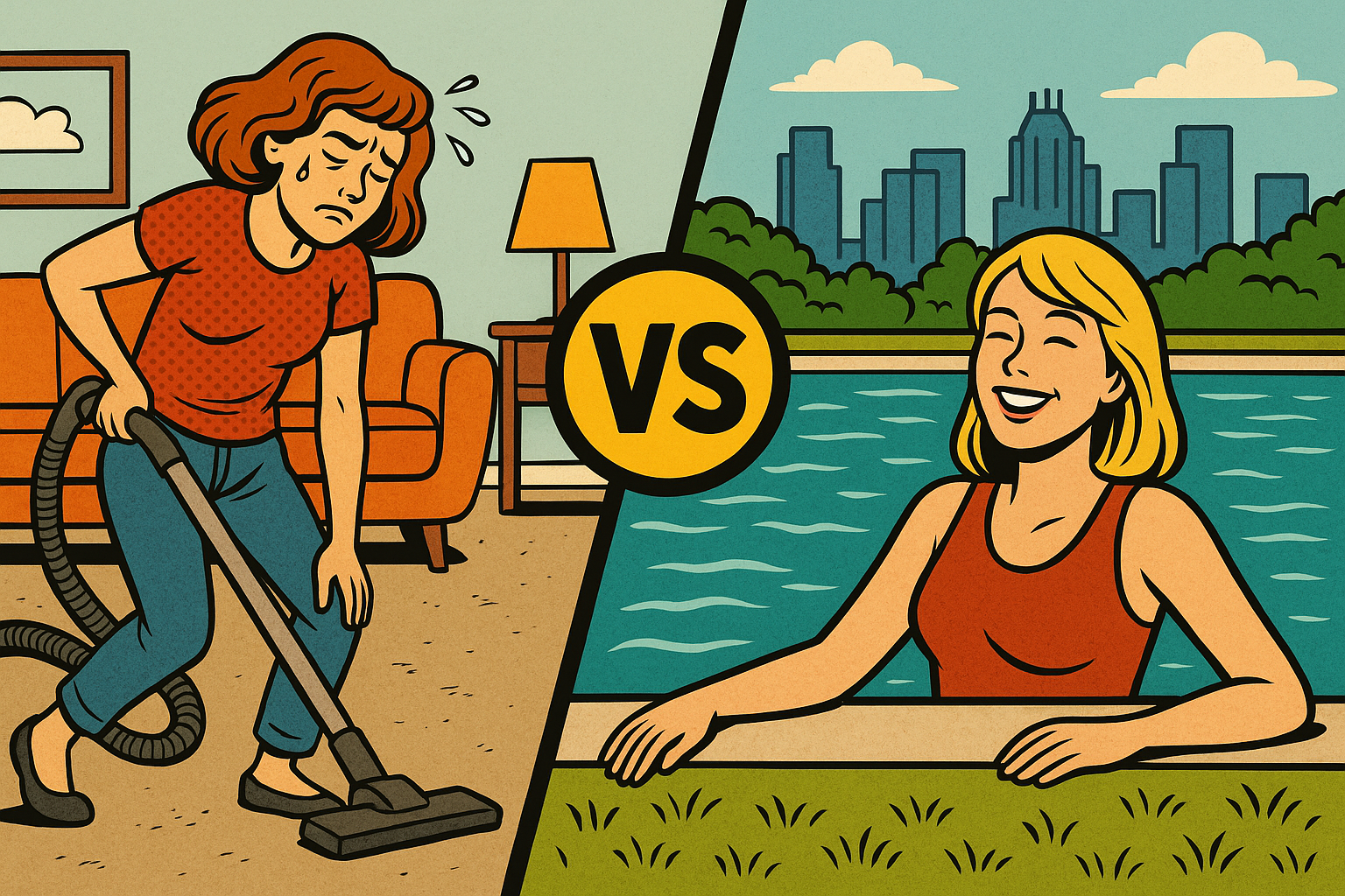 Comic-style split illustration showing a tired Austin resident struggling to clean their home with visible frustration on one side, and the same person relaxing happily at Barton Springs pool on the other, symbolizing the difference between DIY cleaning and hiring Austin Cleaning Crew.