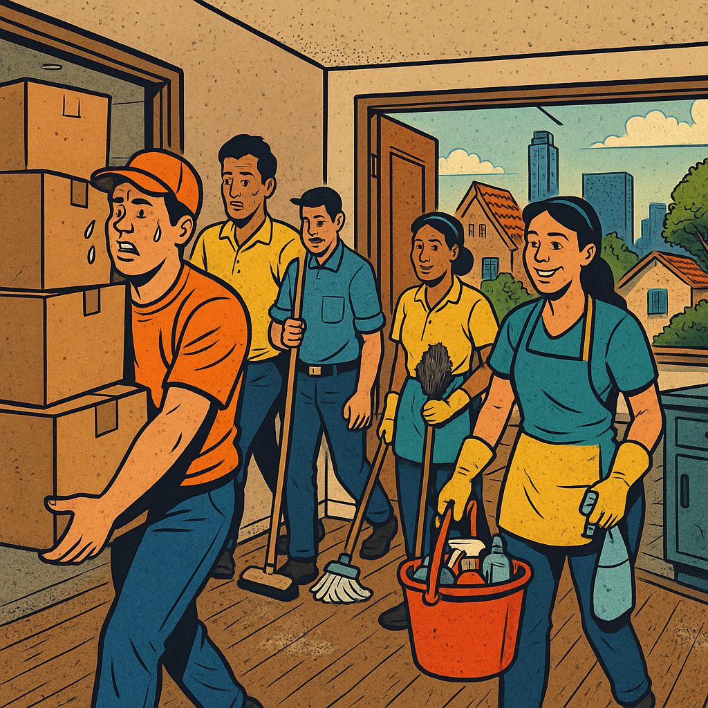 Movers and cleaners in a turnover apartment.