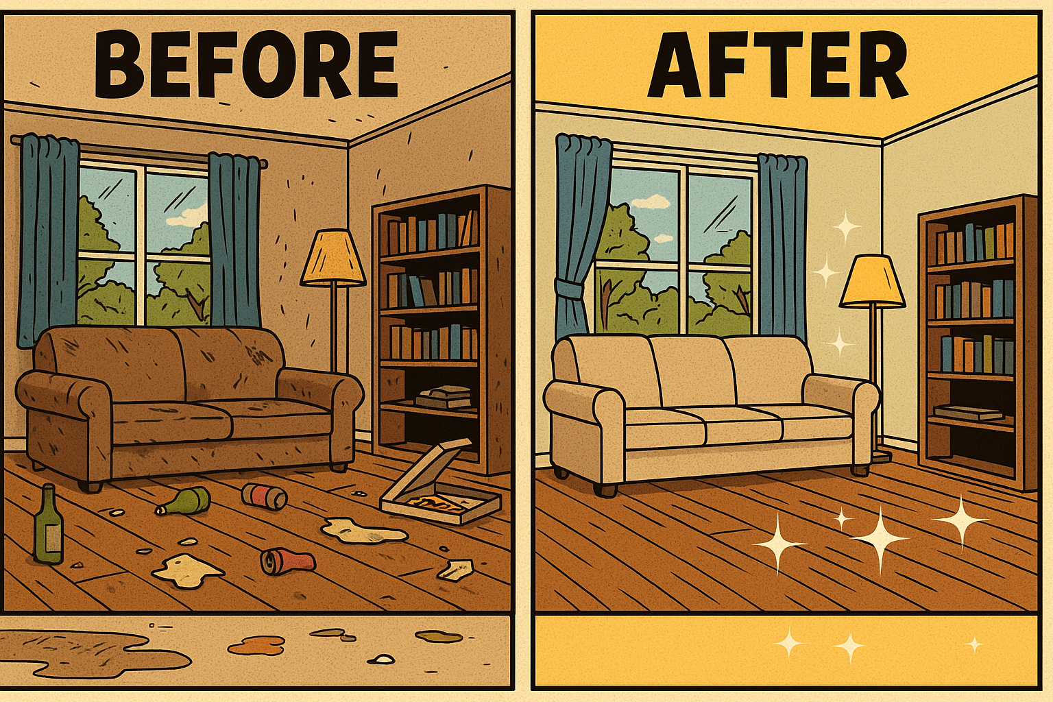 Comic-style split illustration showing a “before and after” of a Hyde Park living room during a move-out. The left panel depicts a messy space with stains, trash, and a dirty couch, while the right panel shows the same room sparkling clean with a fresh couch, polished floors, and tidy shelves.
