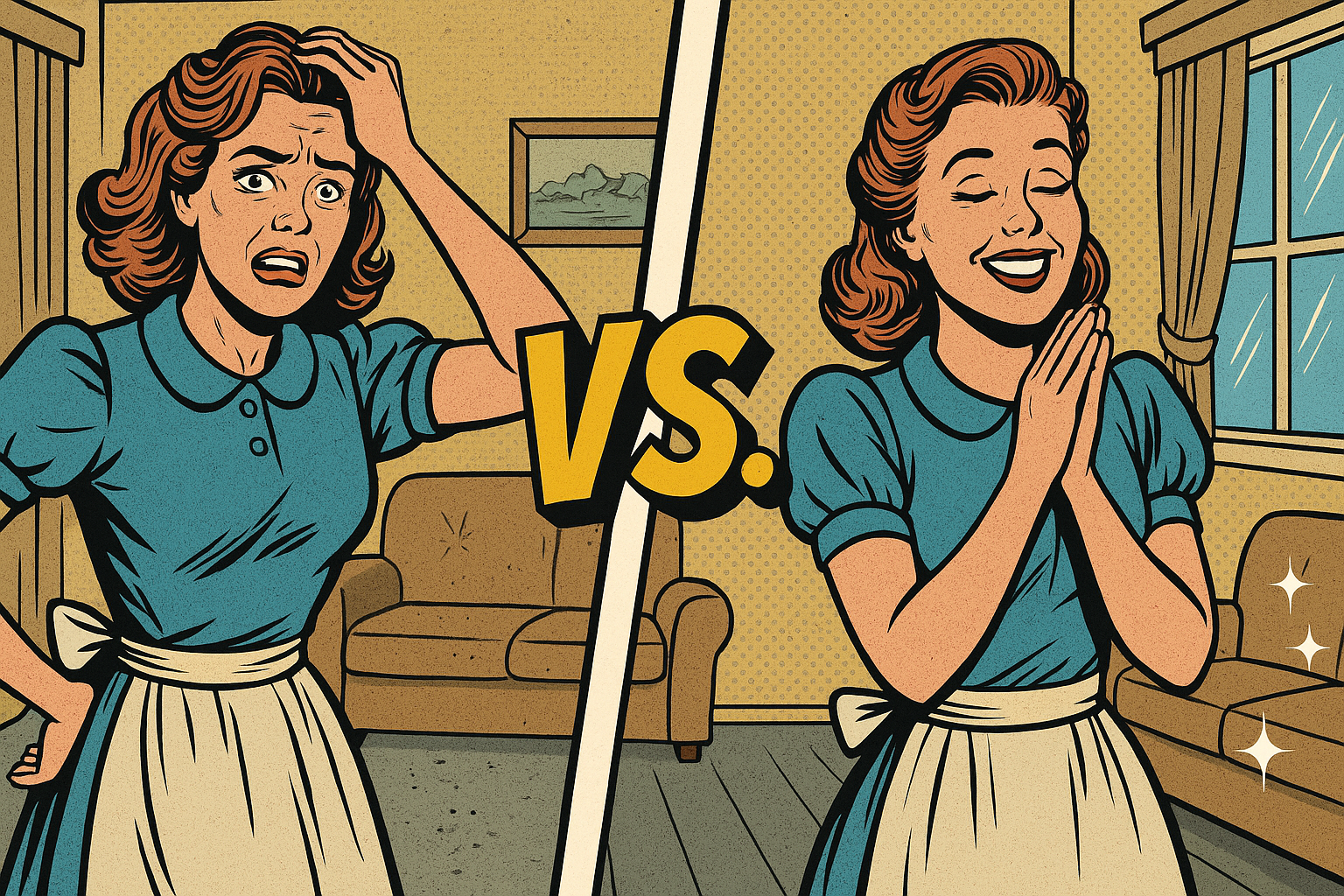 Comic-style split illustration of a Cherrywood home interior. The left side shows a cluttered, dusty living room with messy floors, unwashed dishes, and scattered belongings. The right side shows the same room spotless and refreshed after a deep professional clean, with polished floors, tidy shelves, and bright, welcoming energy.