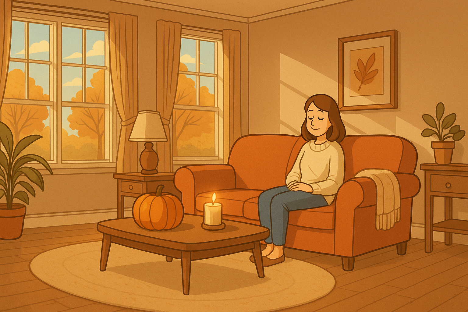Comic-style illustration of a cozy Austin living room during fall, with sunlight streaming through open windows, clean polished floors, and soft autumn details like a pumpkin, candle, and blanket, creating a fresh and peaceful post-cleaning atmosphere.