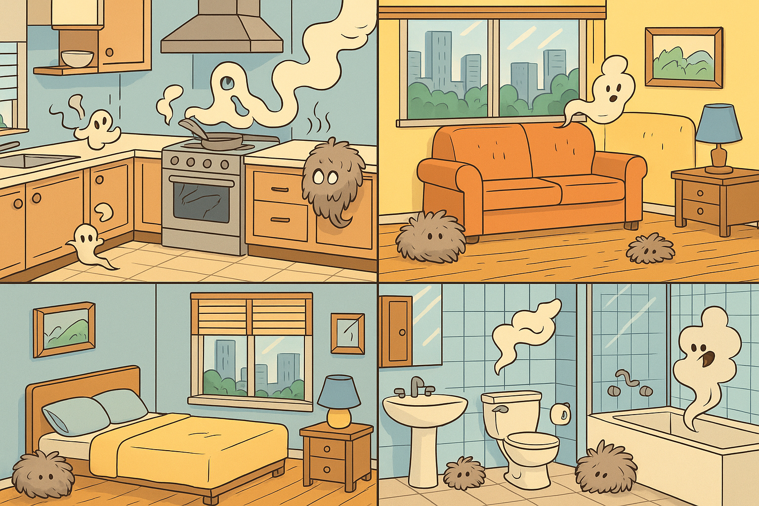 Cutaway, cartoon-style illustration of a Sunset Valley apartment divided into four rooms — kitchen, living room, bedroom, and bathroom — each filled with playful dust creatures and swirling dust ghosts showing common problem areas where dirt builds up in Austin homes.