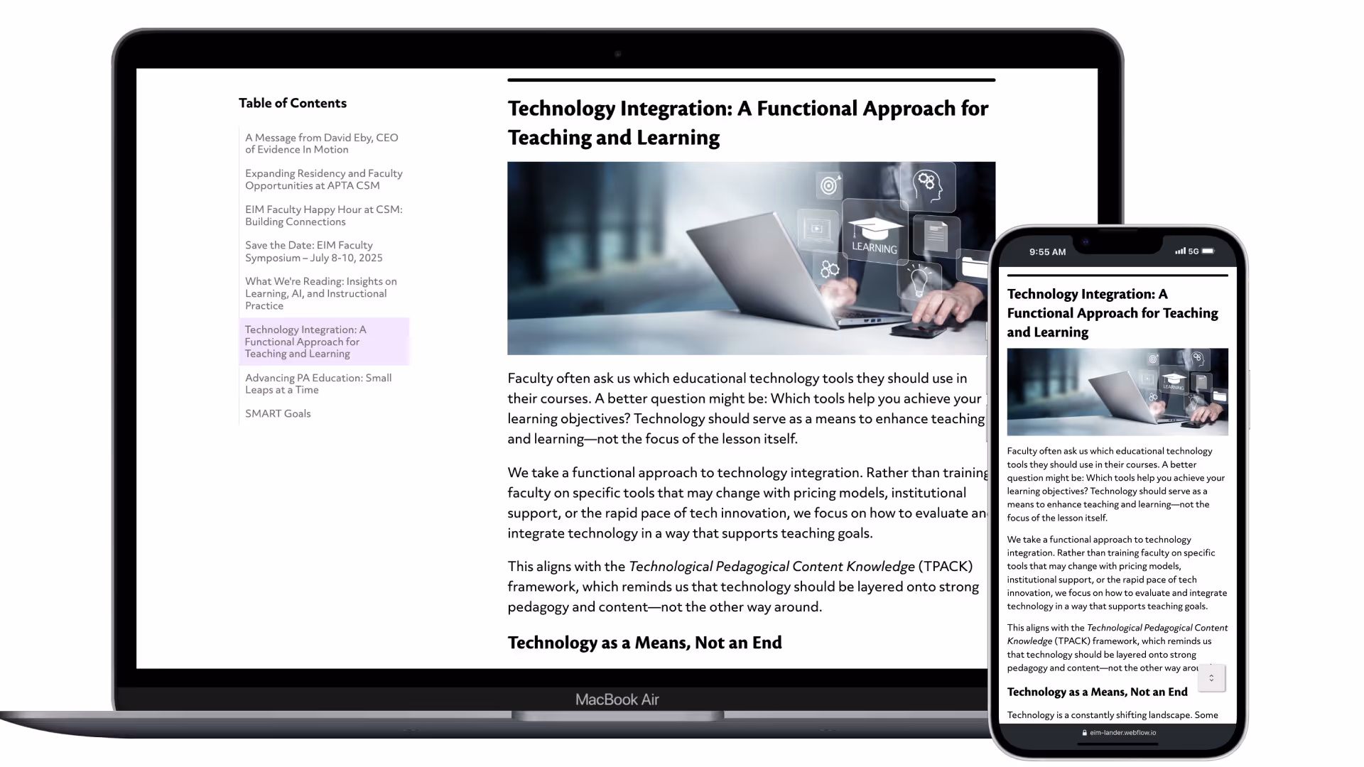 Screenshot of a web-based newsletter layout with a sticky table of contents and multiple article sections.