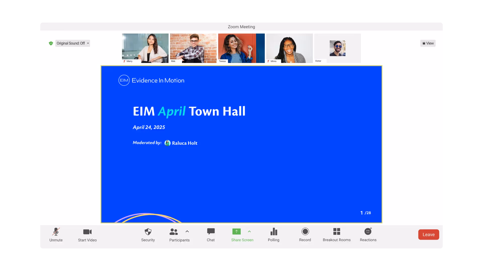 Slide from EIM’s Town Hall presentation featuring brand colors and concise messaging.