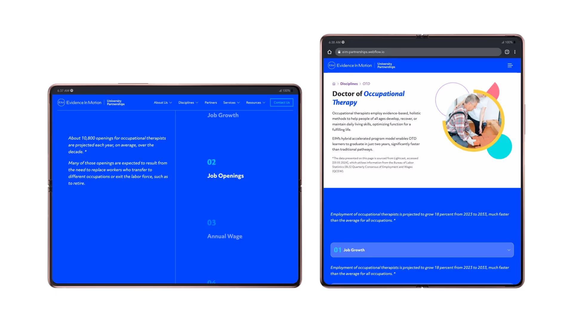 Screenshot of a webpage showcasing content organized by healthcare discipline.