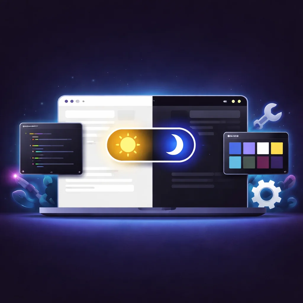 A square illustration of a laptop showing a light-to-dark mode switch with a sun and moon icon, surrounded by floating code and color palette panels.