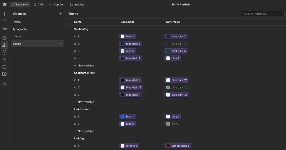 The Webflow Variables panel showing Theme variables mapped between Base mode and Dark mode for section backgrounds, section content, and link colors.