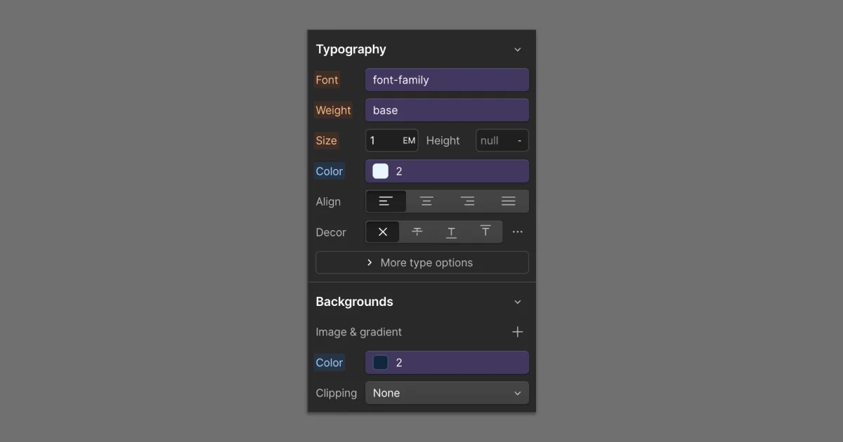 The Webflow Style panel showing theme variables applied to an element’s text color and background color for foreground and surface styling.