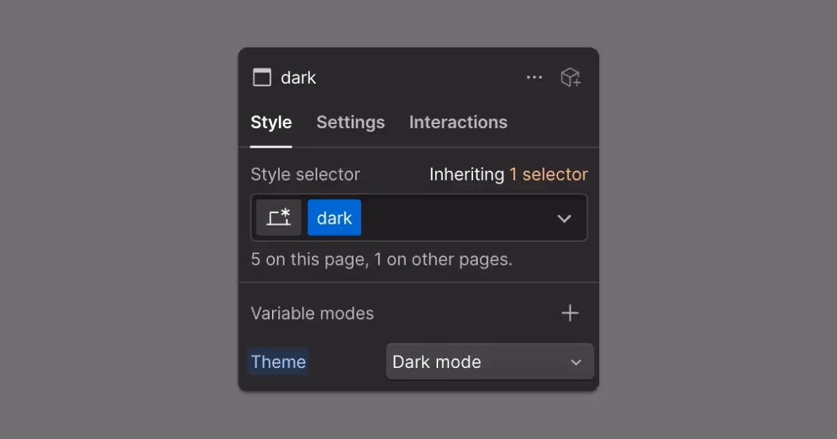 The Webflow Style panel showing a dark class set to switch the Theme variable mode to “Dark mode.”