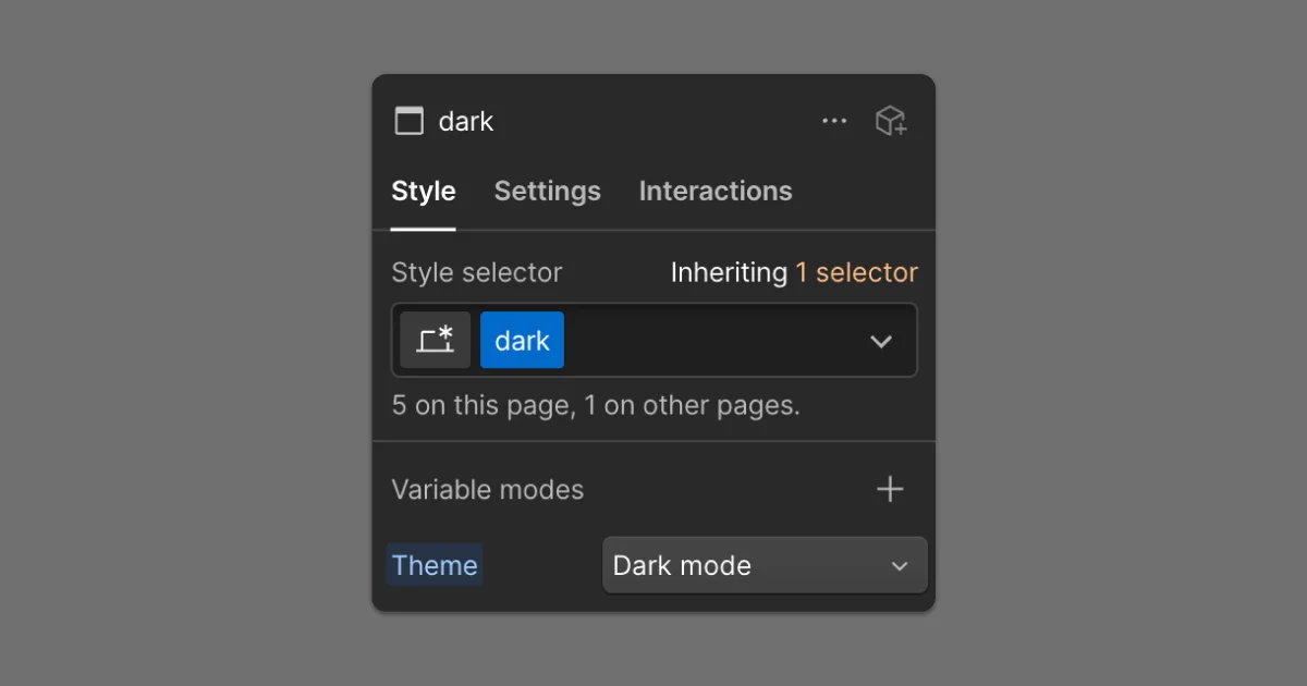 The Webflow Style panel showing a dark class set to switch the Theme variable mode to “Dark mode.”