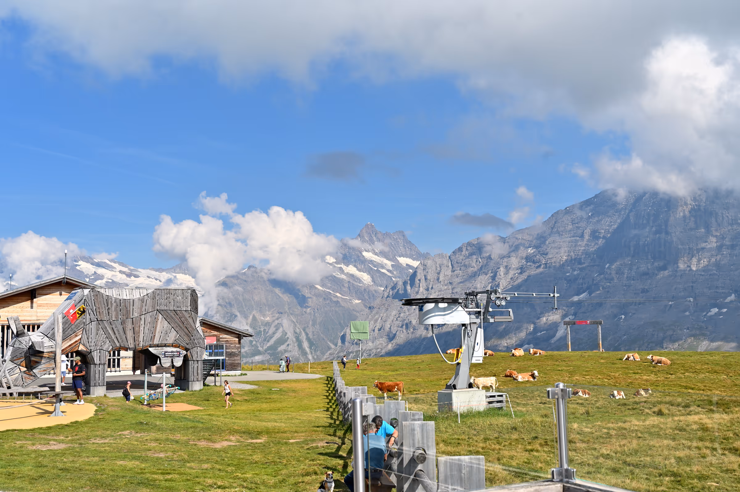 Alpine plateau at Männlichen with mountain huts, grassy slopes, and Bernese Alps in the background.