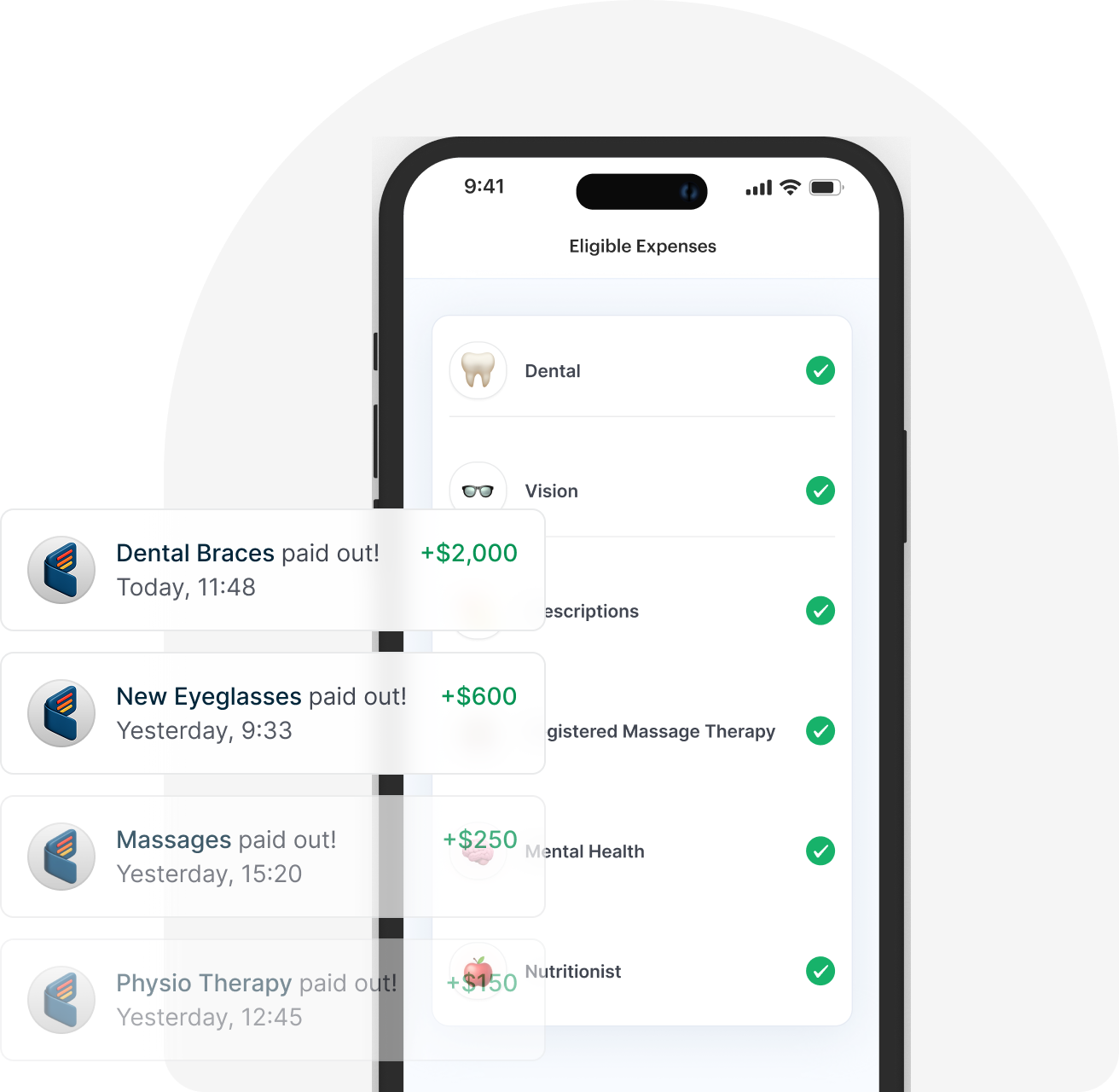 BeniPlus app showing health spending claims and notifications