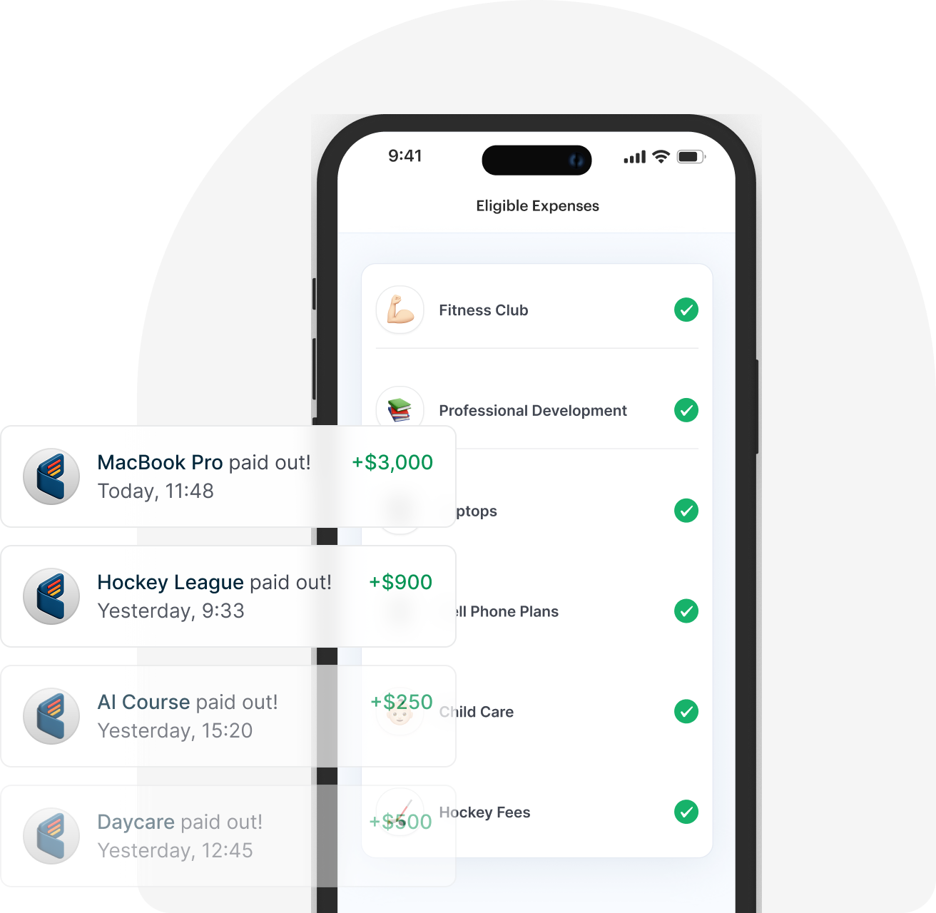 BeniPlus Wellness Spending Account app showing eligible wellness expenses and payouts
