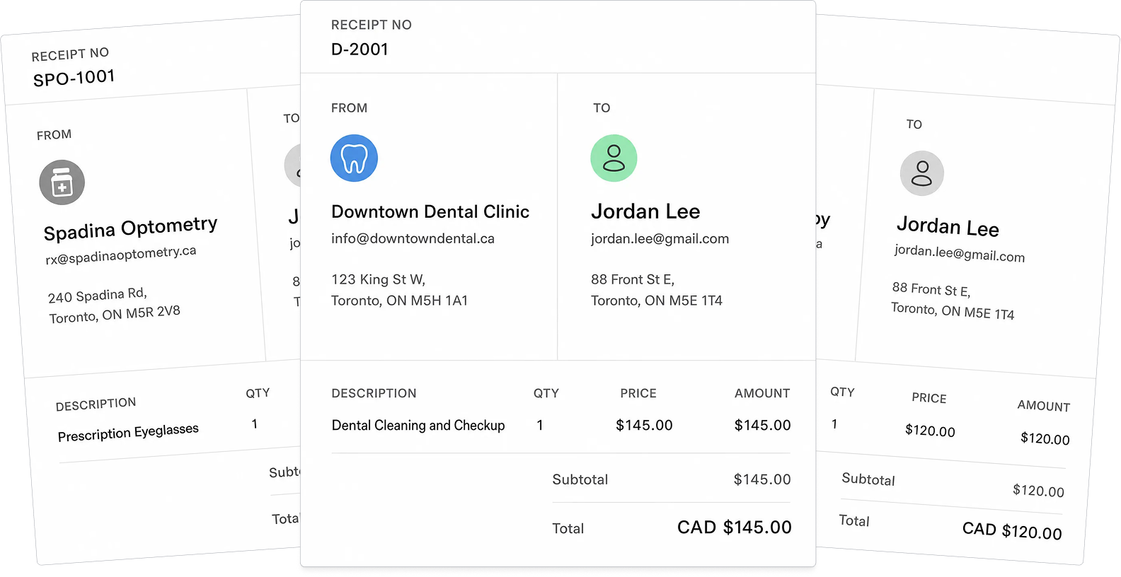 Sample health expense receipts covered by the Health Spending Account