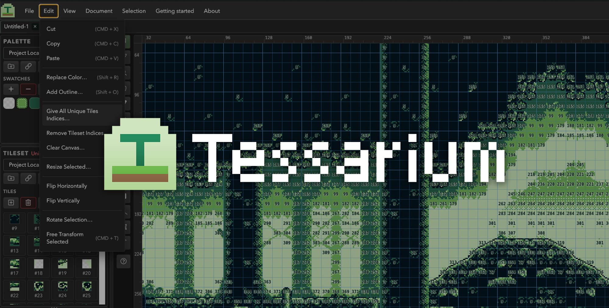 Tessarium logo set over an image of 8bit Game Boy woods
